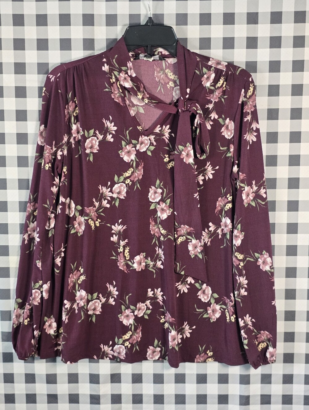 Lauren Ralph Lauren Women S Burgundy Floral Tie Neck Blouse Long Sleeve Stretch